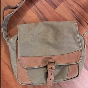 Vintage LL Bean Canvas & Leather Messenger Bag with Buckle, Green & Light Brown